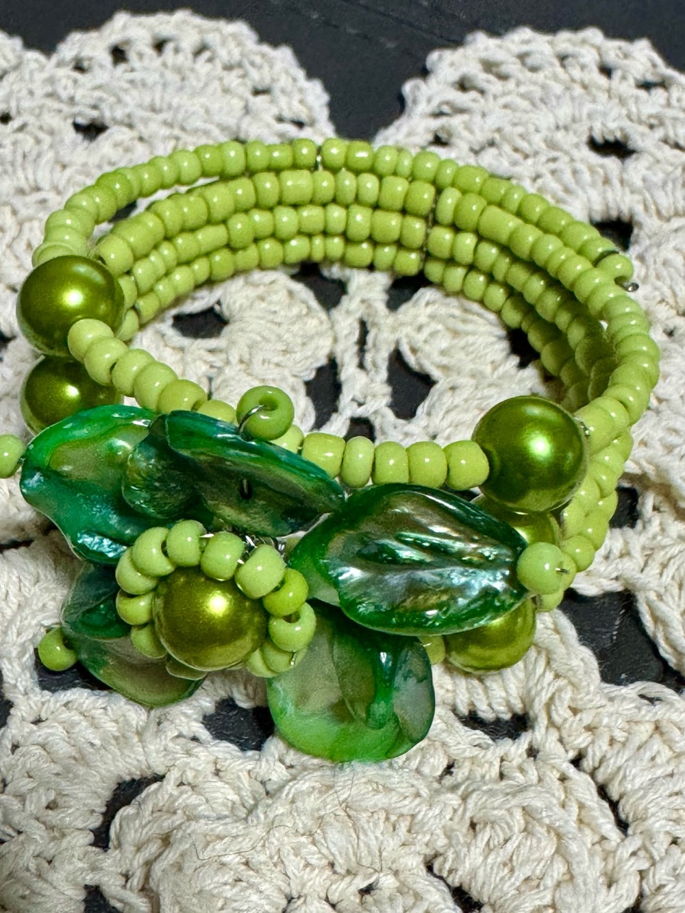 Handcrafted Lime Green Shell and Beaded Floral Coil Bracelet